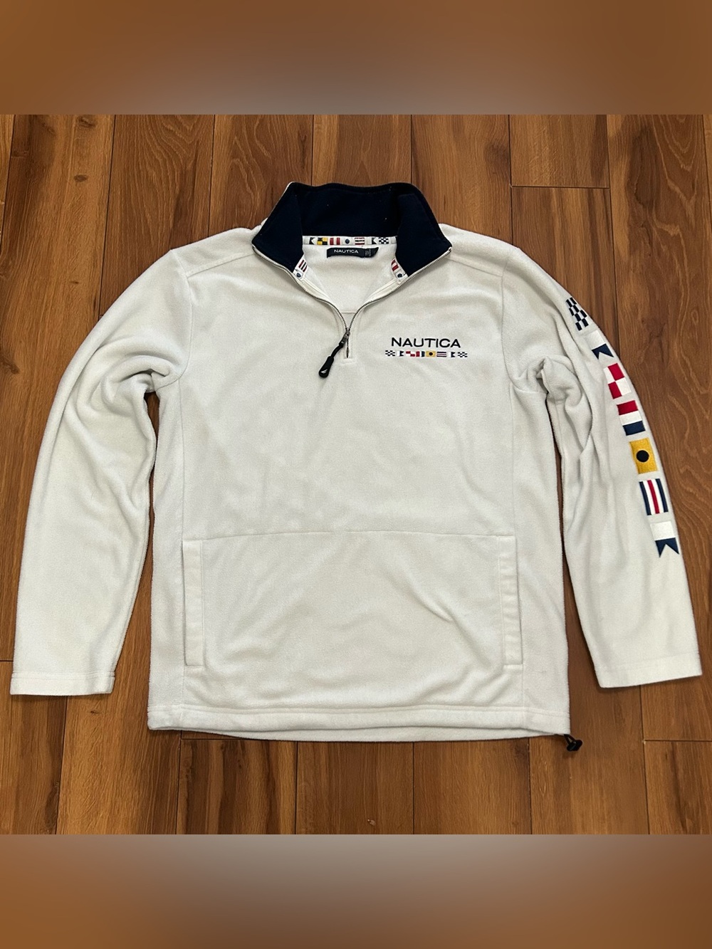 Nautica Men's Small Cream Quarter-Zip Fleece Pullover Jacket with Nautical Flags